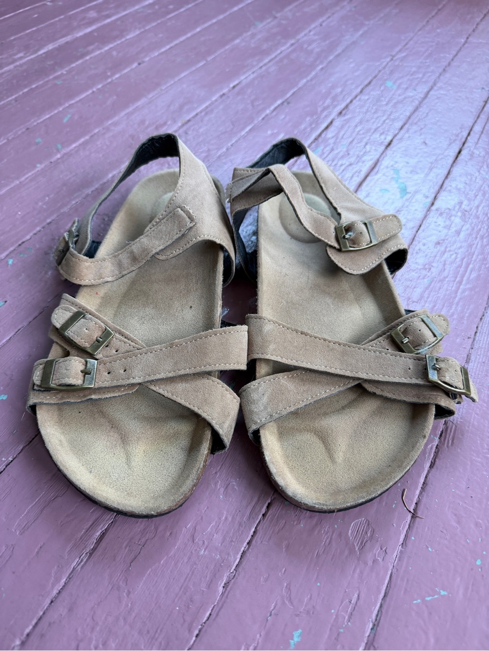 Neutral Tan Suede Buckle Sandals - Women - Picture 2 of 3